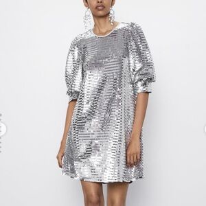 Zara metallic sequined a-line mini dress puff sleeves tiered short round neck